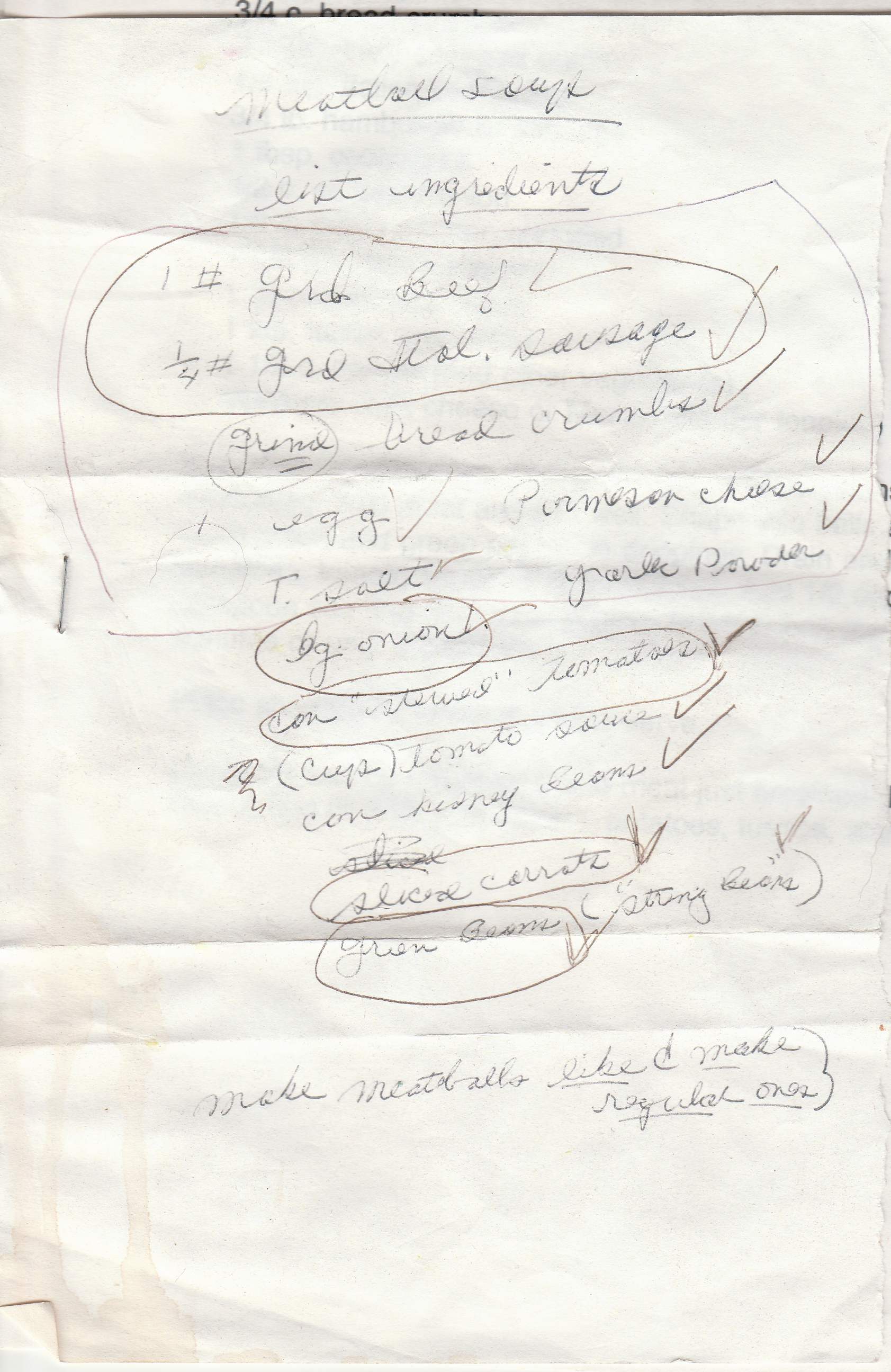 handwritten meatball soup recipe.  The text is contained in this blog post.