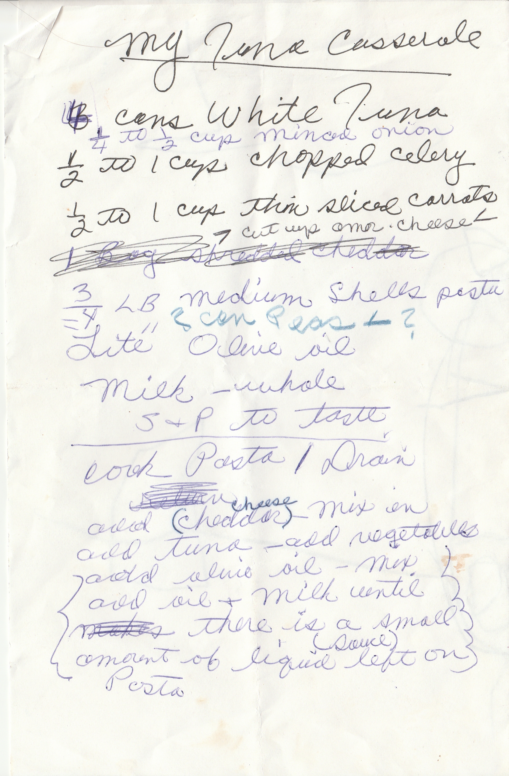 hand written tuna casserole recipe.  the text is contained in this blog post.